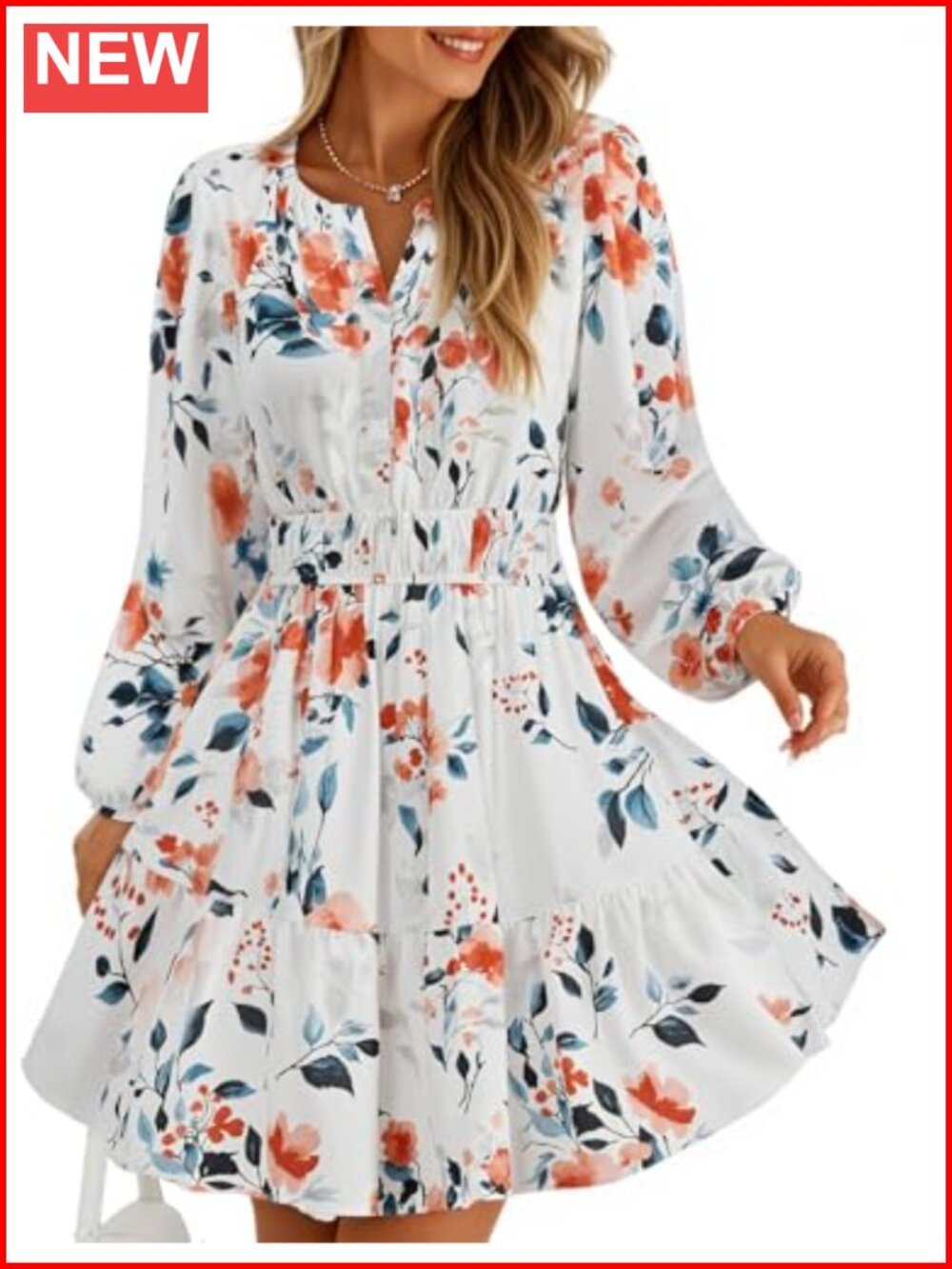 Women's Floral Long Sleeve Mini Dress V-Neck A-Line Smocked Waist Wedding Guest